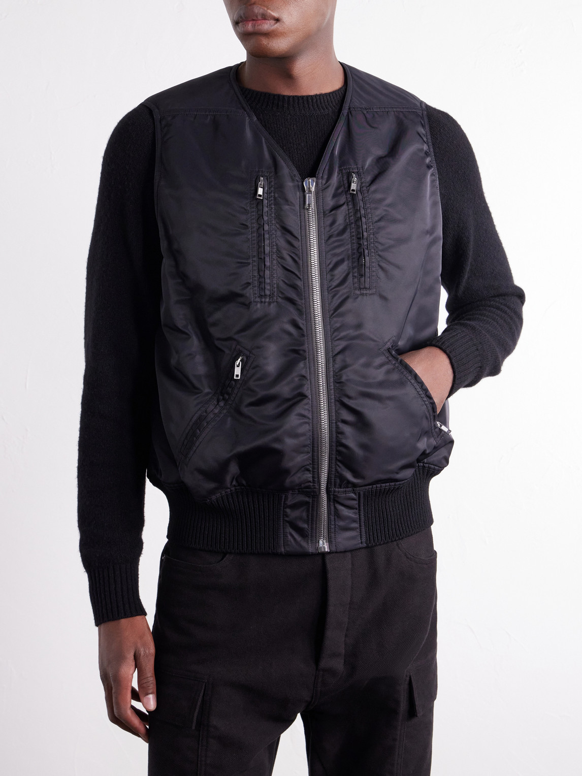 Two-Piece Buckled Rib-Trimmed Satin Bomber Jacket