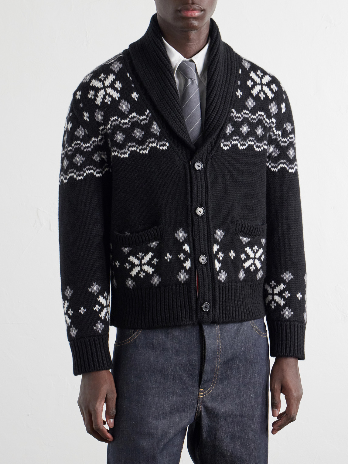 Shawl-Collar Jacquard-Knitted Cashmere Cardigan