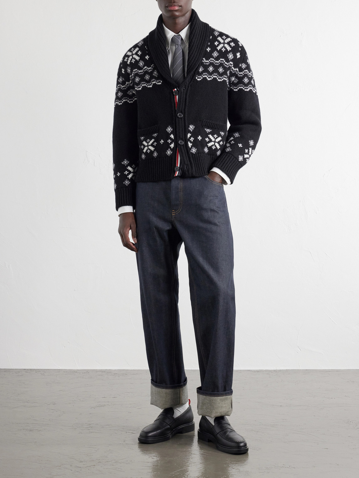 Shawl-Collar Jacquard-Knitted Cashmere Cardigan