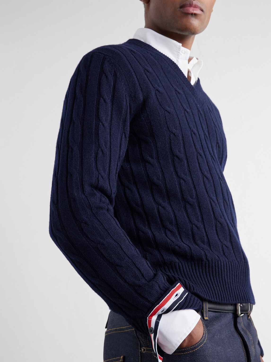 4-Bar Stripe Cable-Knit Cashmere Sweater