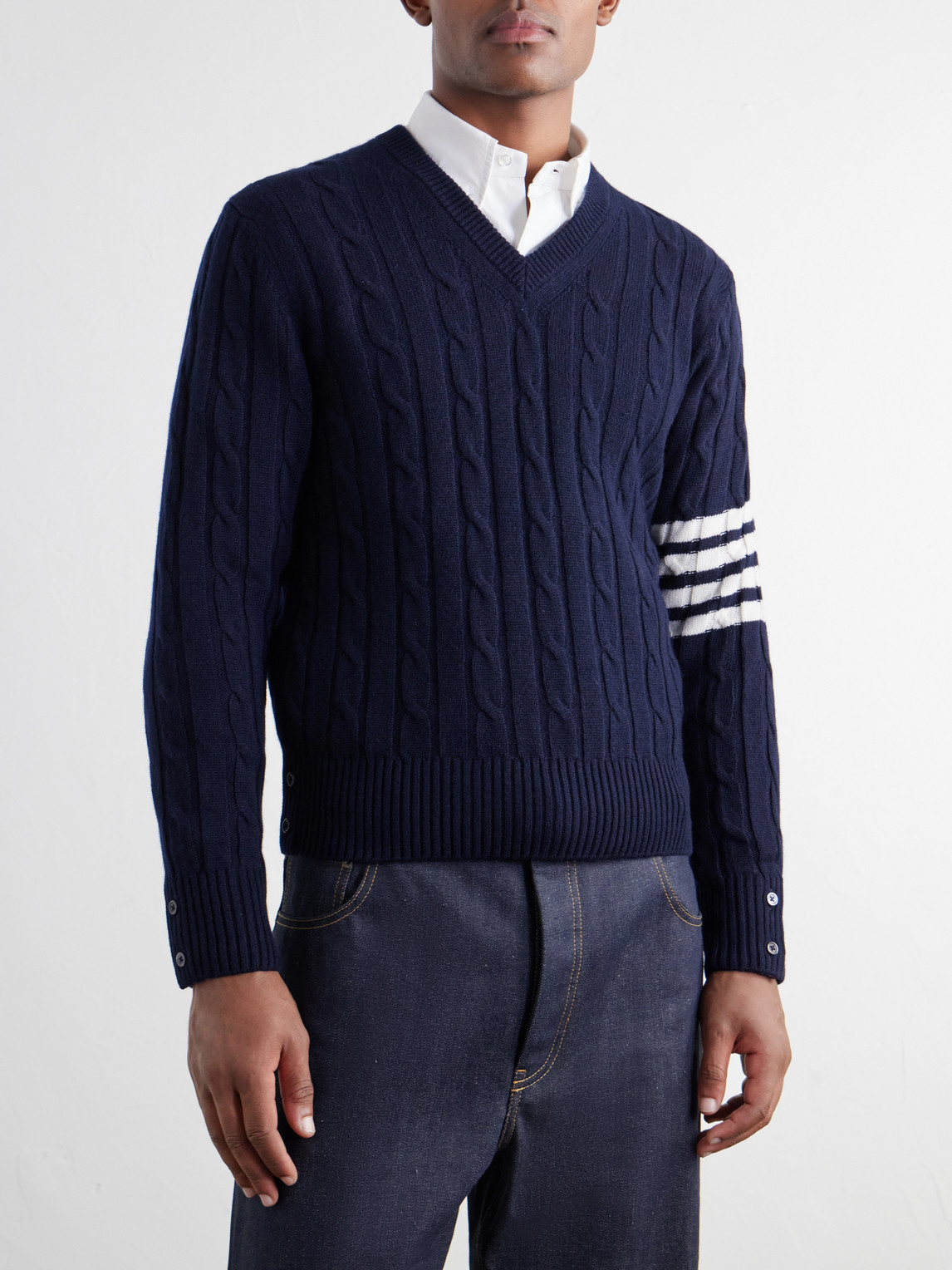 4-Bar Stripe Cable-Knit Cashmere Sweater