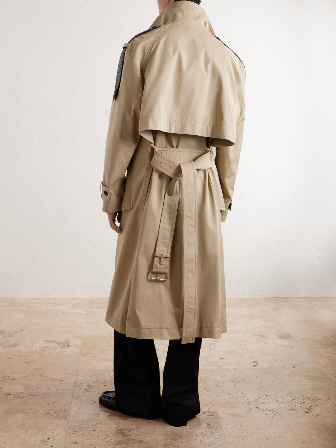 Intrecciato Leather-Trimmed Cotton-Gabardine Trench Coat