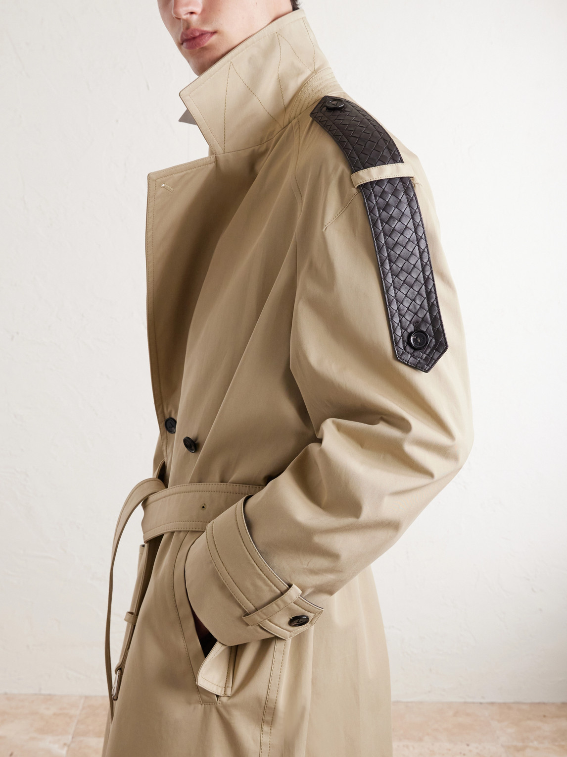 Intrecciato Leather-Trimmed Cotton-Gabardine Trench Coat