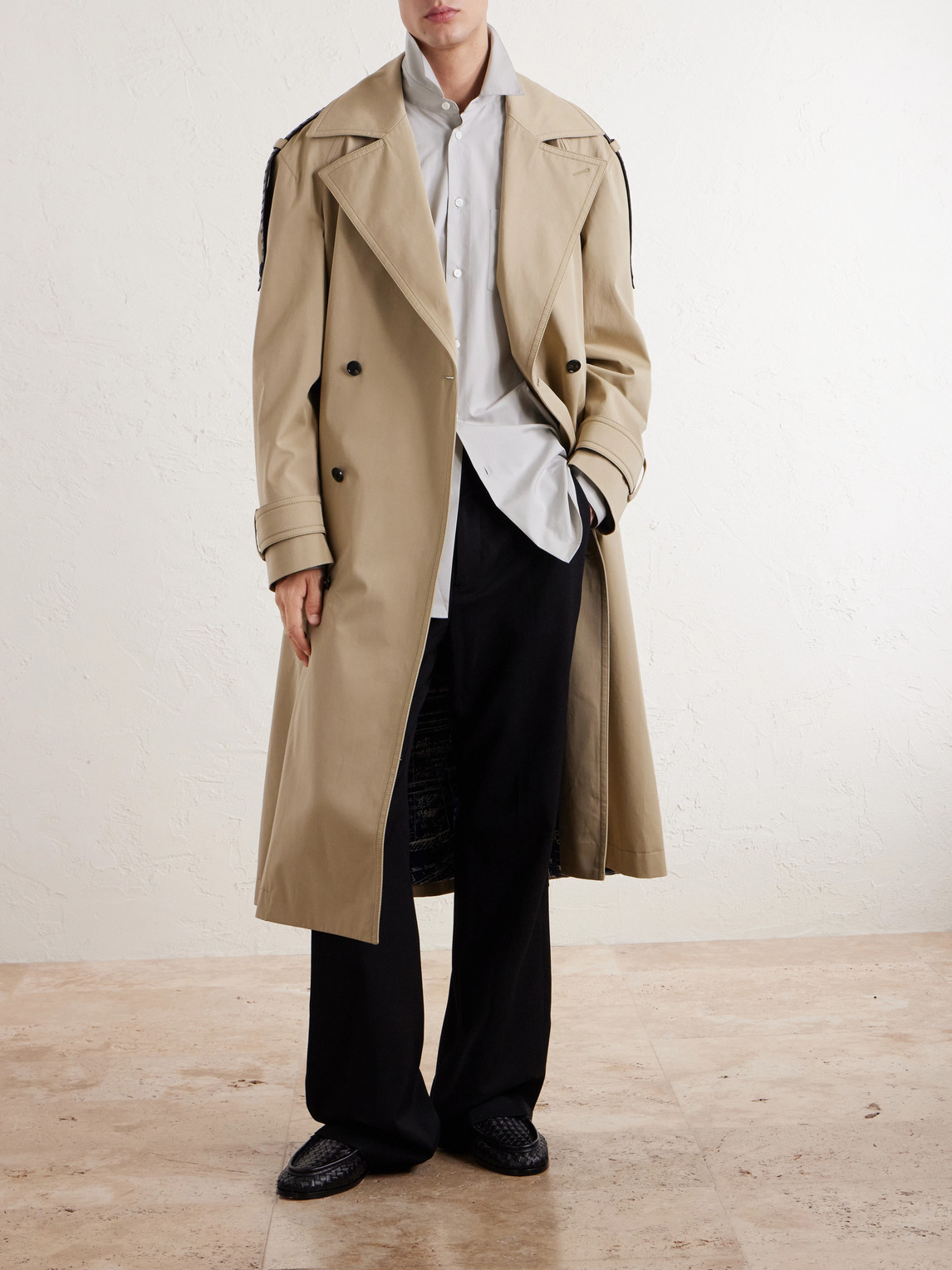 Intrecciato Leather-Trimmed Cotton-Gabardine Trench Coat