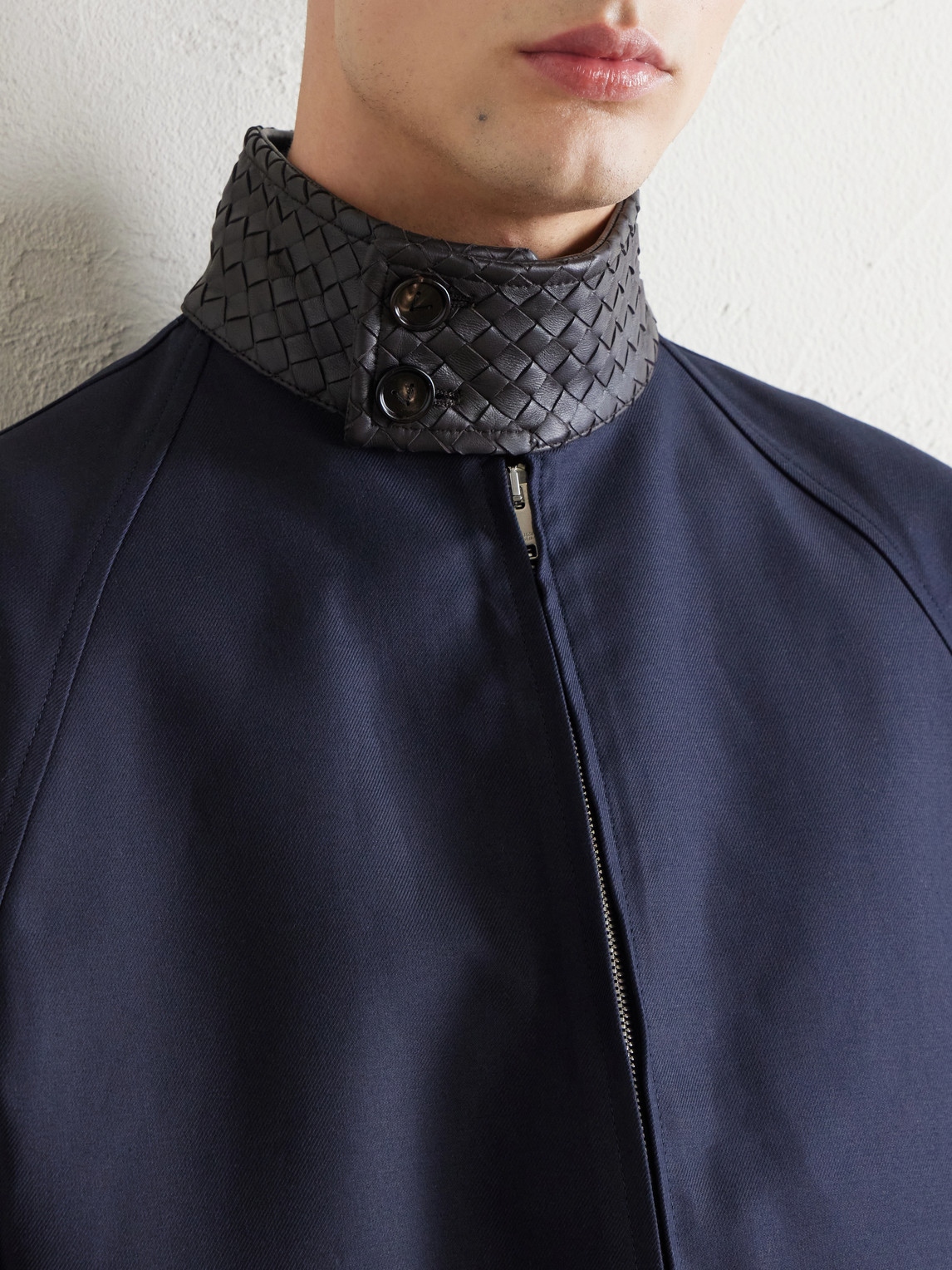 Intrecciato Leather-Trimmed Cotton-Gabardine Blouson Jacket