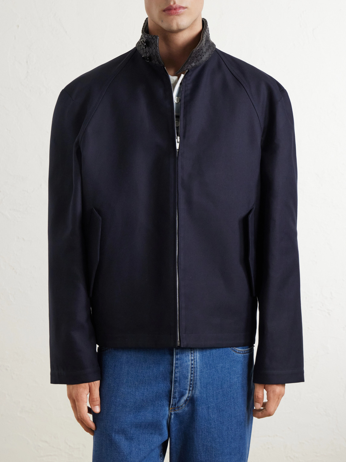 Intrecciato Leather-Trimmed Cotton-Gabardine Blouson Jacket