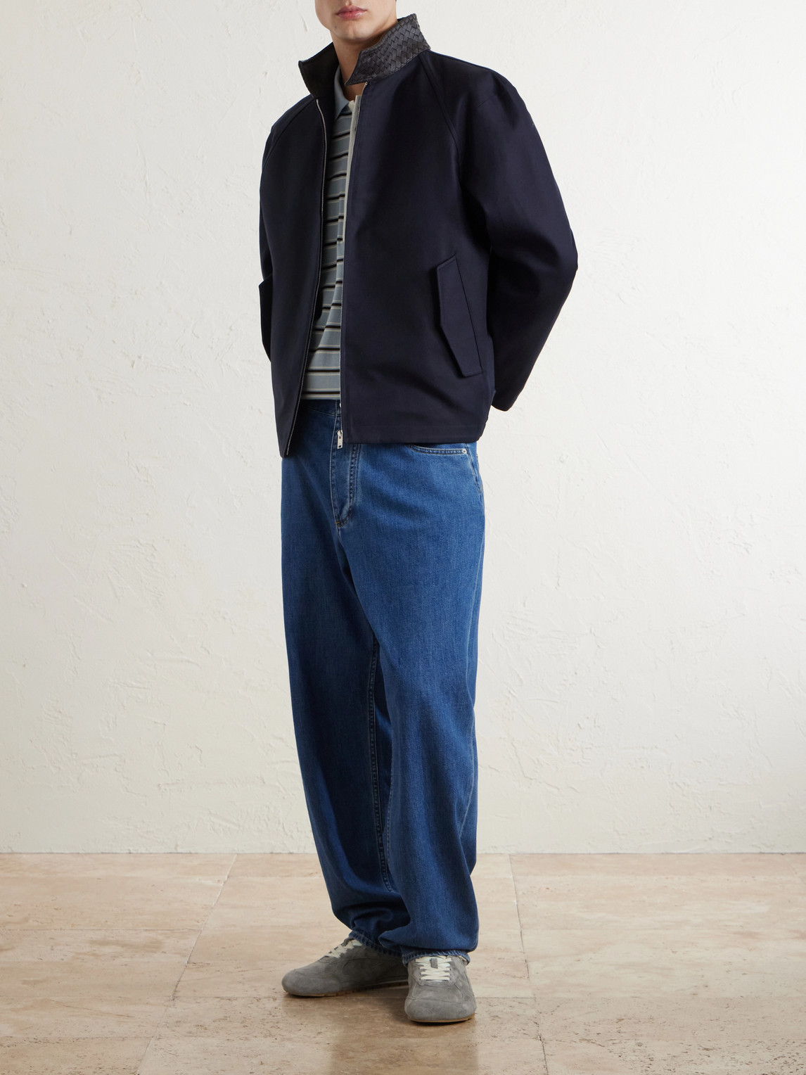 Intrecciato Leather-Trimmed Cotton-Gabardine Blouson Jacket