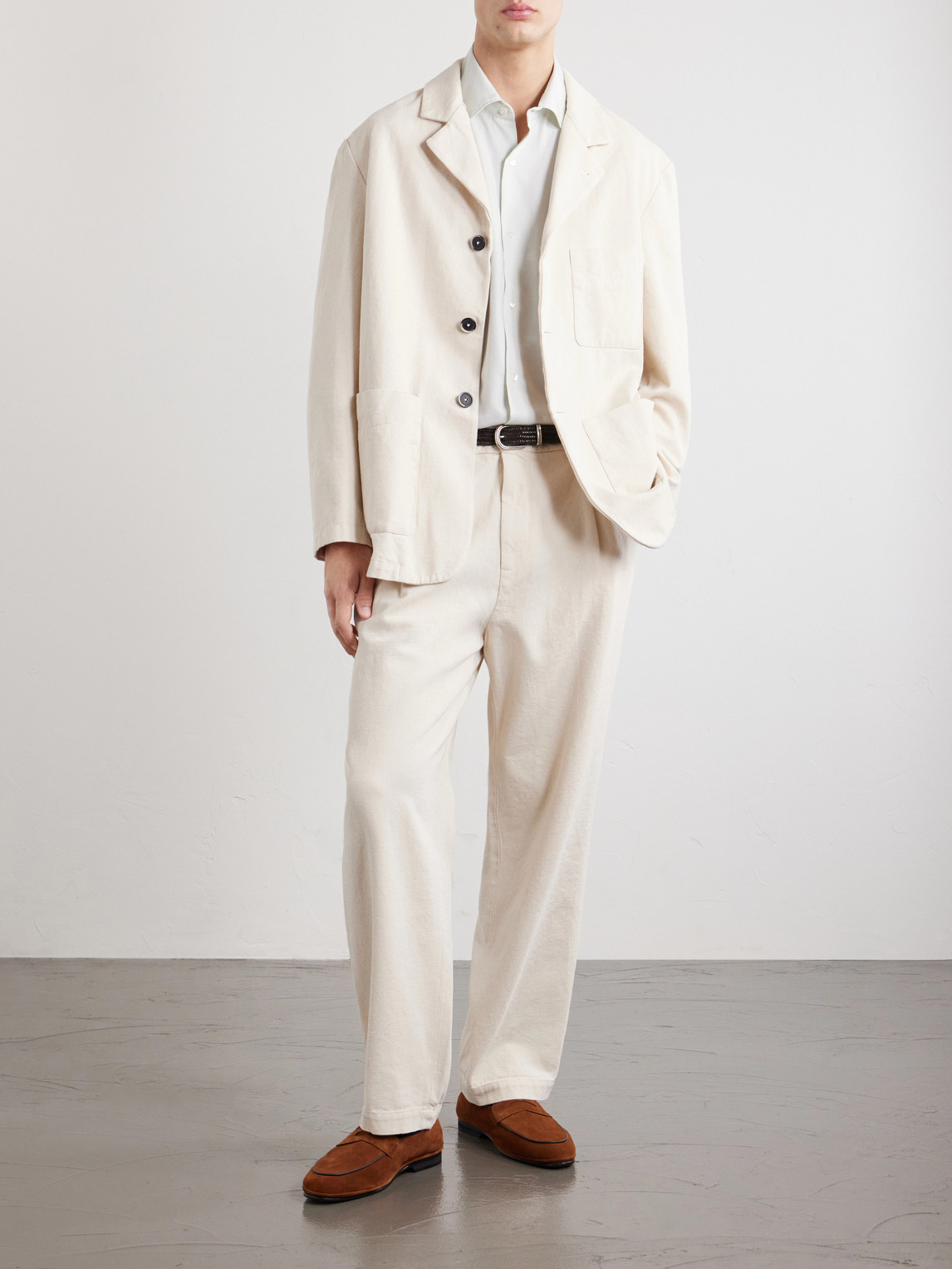 Straight-Leg Pleated Cotton-Drill Trousers