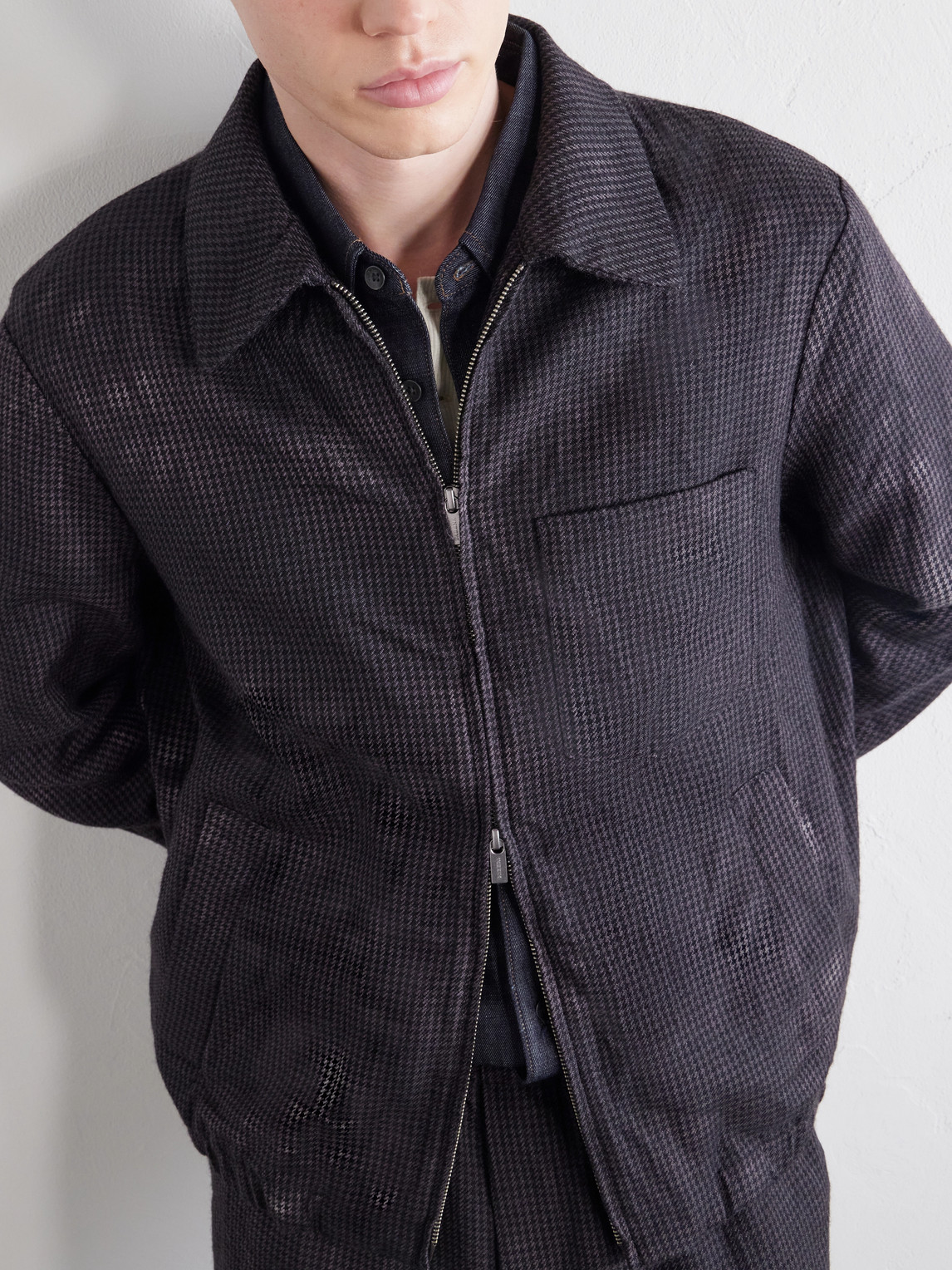 Garment-Dyed Houndstooth Wool Blouson Jacket