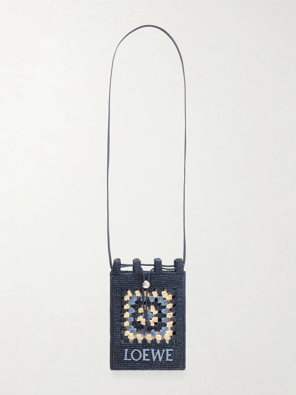 Loewe Paula's Ibiza Logo-embroidered Leather-trimmed Crocheted Raffia Bucket Bag In Blue