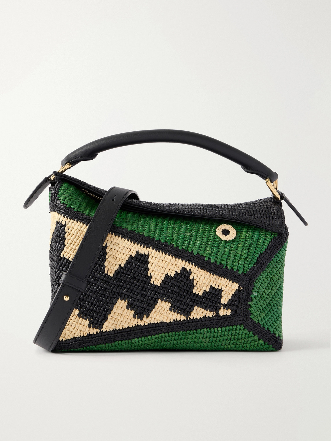 Loewe Paula's Ibiza Puzzle Edge Crocodile Leather-trimmed Raffia Shoulder Bag In Green