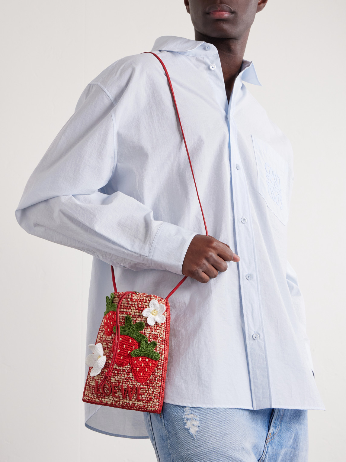 Loewe Strawberry-embellishment Raffia Crossbody Bag In Brown