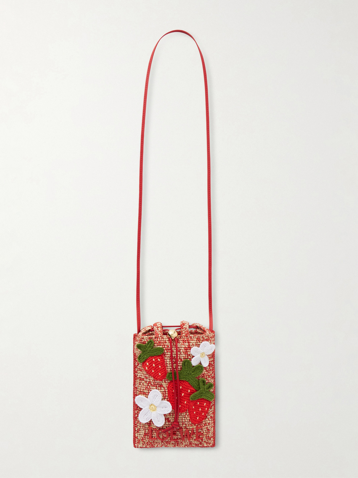 Loewe + Paula's Ibiza Leather-trimmed Embroidered Woven Raffia Bucket Bag