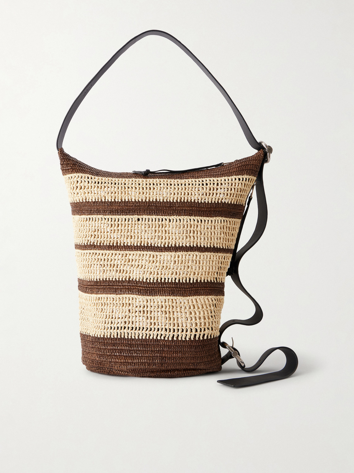 Loewe Paula's Ibiza Loop Bucket Medium Leather-trimmed Raffia Tote Bag In Brown