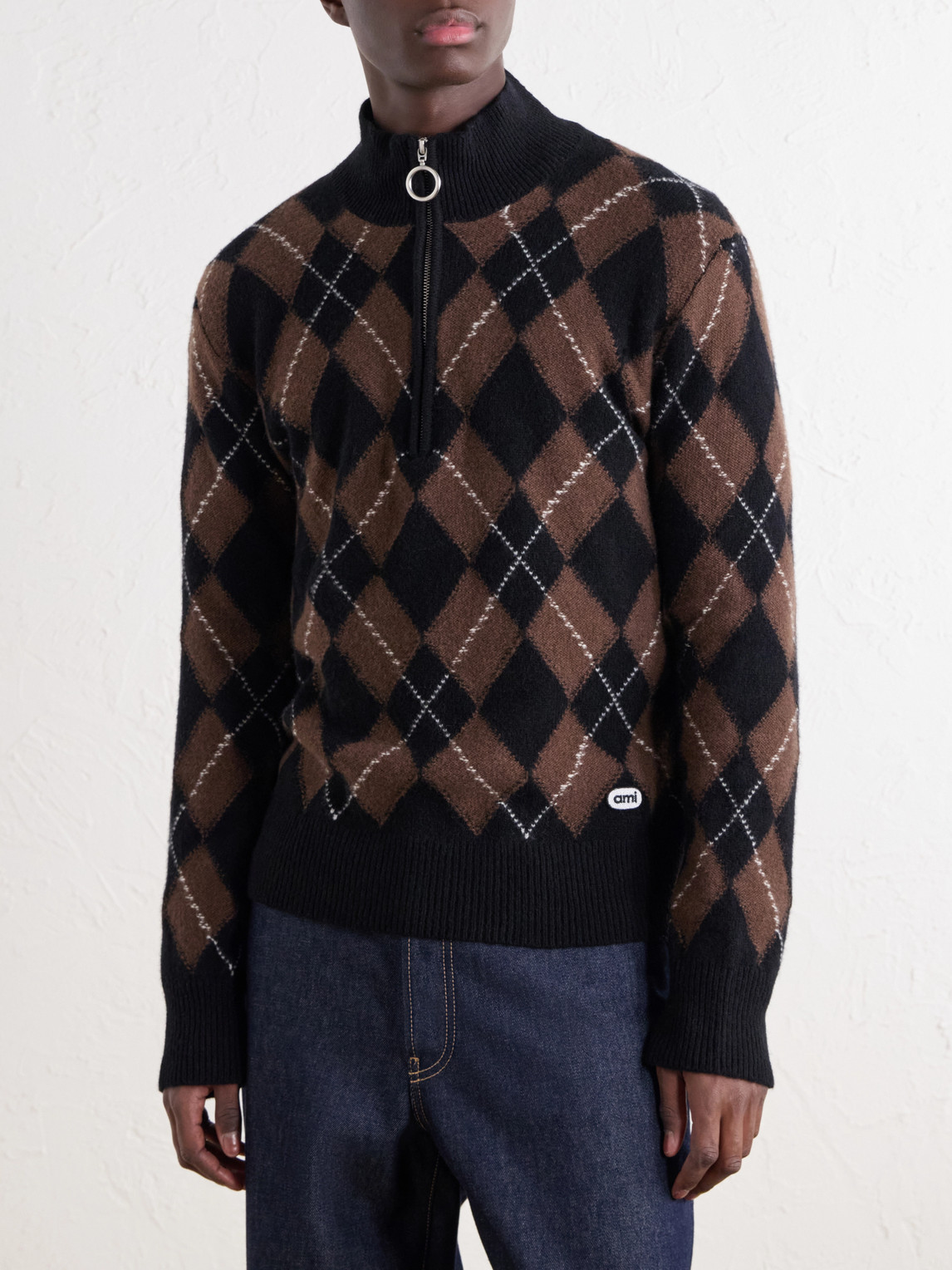 Logo-Appliquéd Argyle Virgin Wool Half-Zip Sweater
