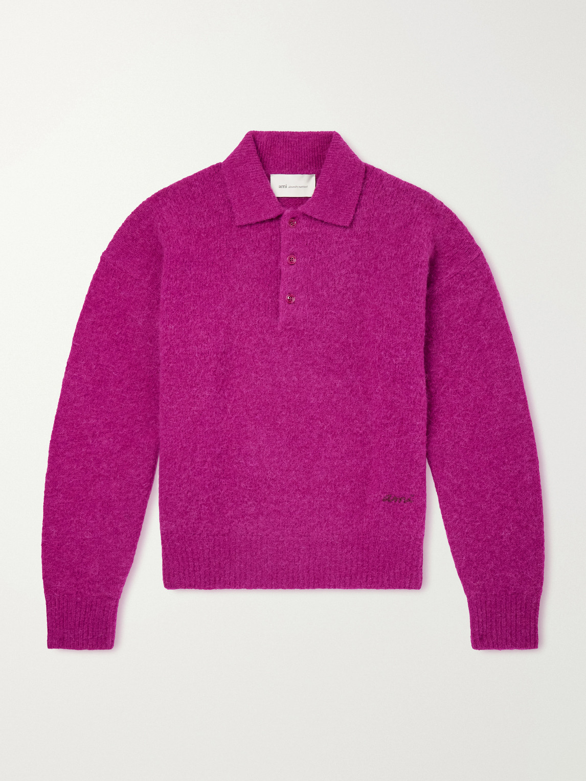 Ami Alexandre Mattiussi Logo-embroidered Brushed Wool-blend Polo Shirt In Purple