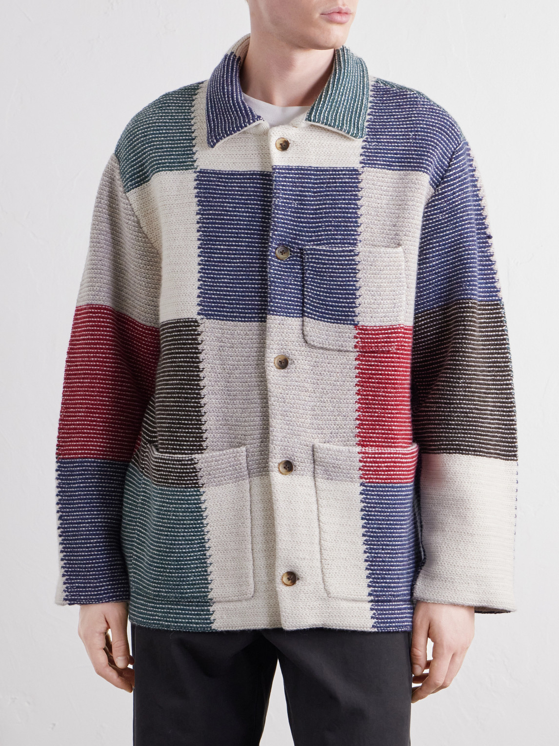 Aimé Leon Dore Patchwork Intarsia-knit Wool-blend Jacket In Multi