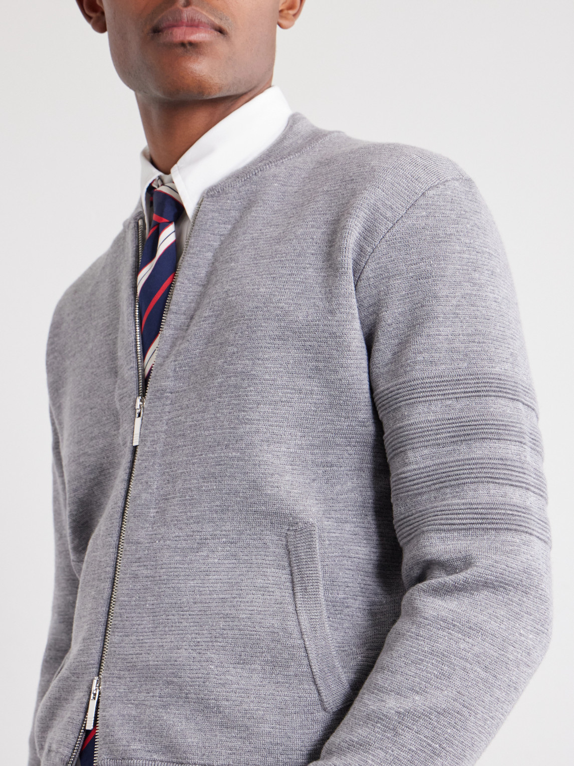 Striped Wool, Linen And Cotton-Blend Zip-Up Cardigan
