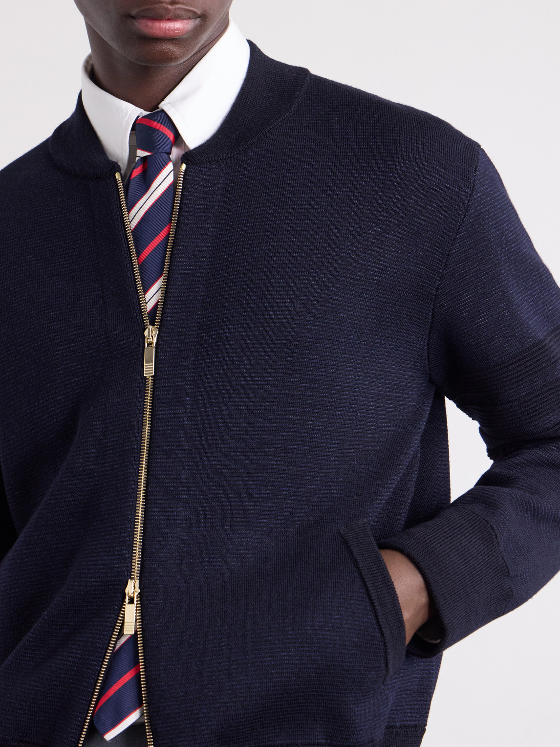 Striped Wool, Linen And Cotton-Blend Zip-Up Cardigan