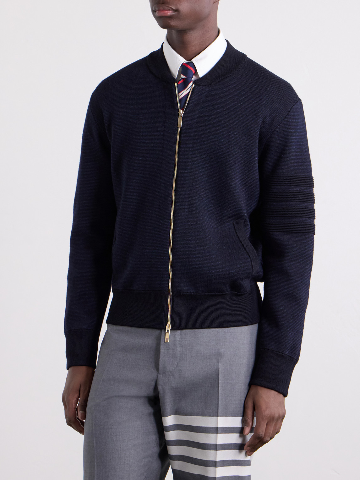 Striped Wool, Linen And Cotton-Blend Zip-Up Cardigan