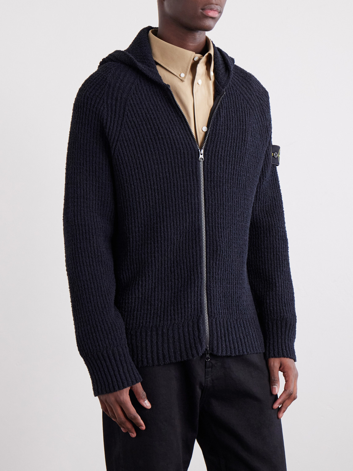 Ribbed Cotton-Blend Bouclé Zip-Up Hoodie