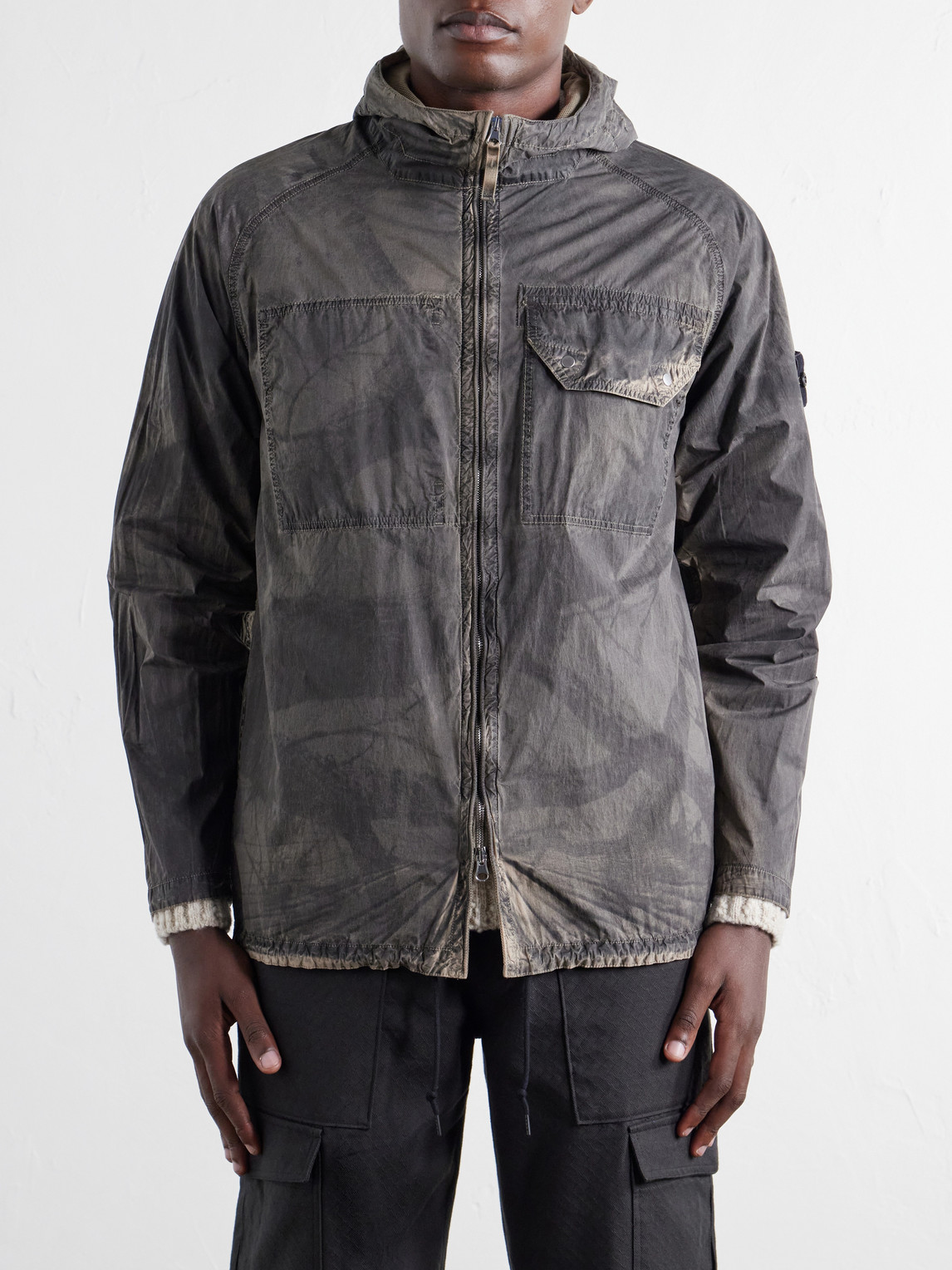 Garment-Dyed Printed Hooded Recycled Crinkle Reps-Tc Overshirt
