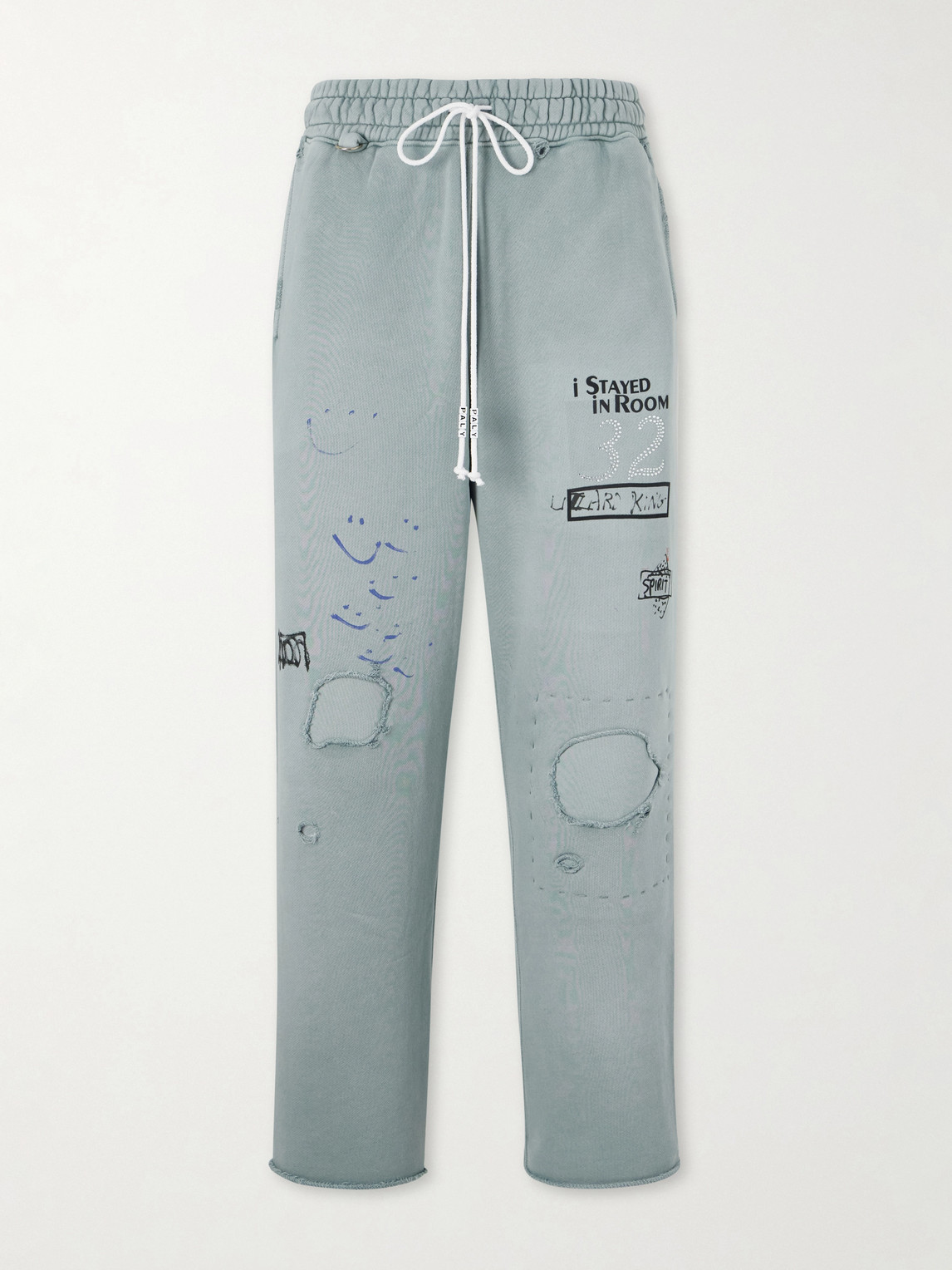 Paly Hollywood Alta Cienega Distressed Embellished Cotton-fleece Sweatpants In Gray