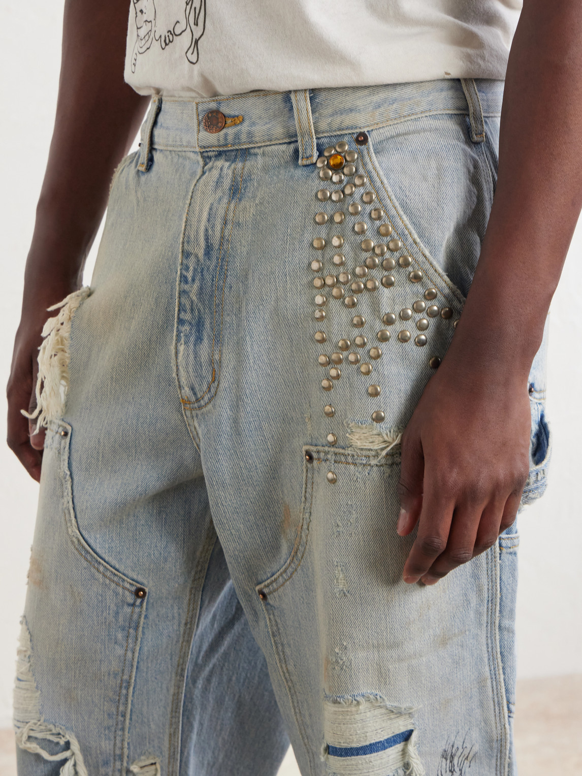 Straight-Leg Distressed Studded Jeans