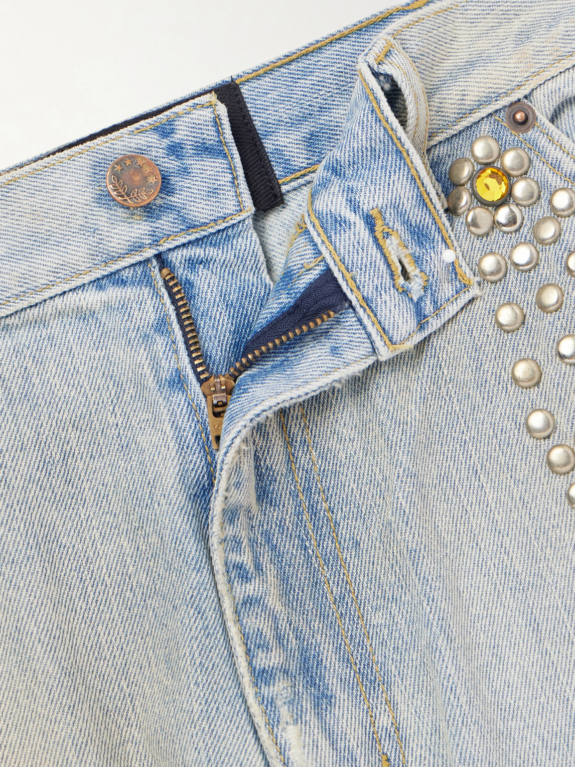 Straight-Leg Distressed Studded Jeans
