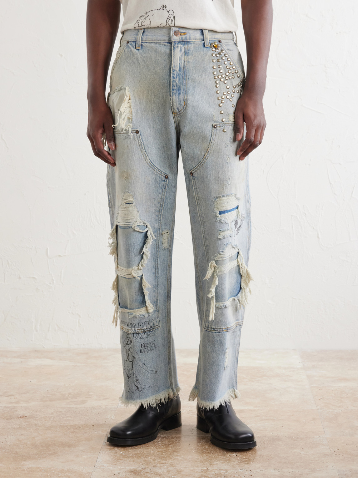 Straight-Leg Distressed Studded Jeans