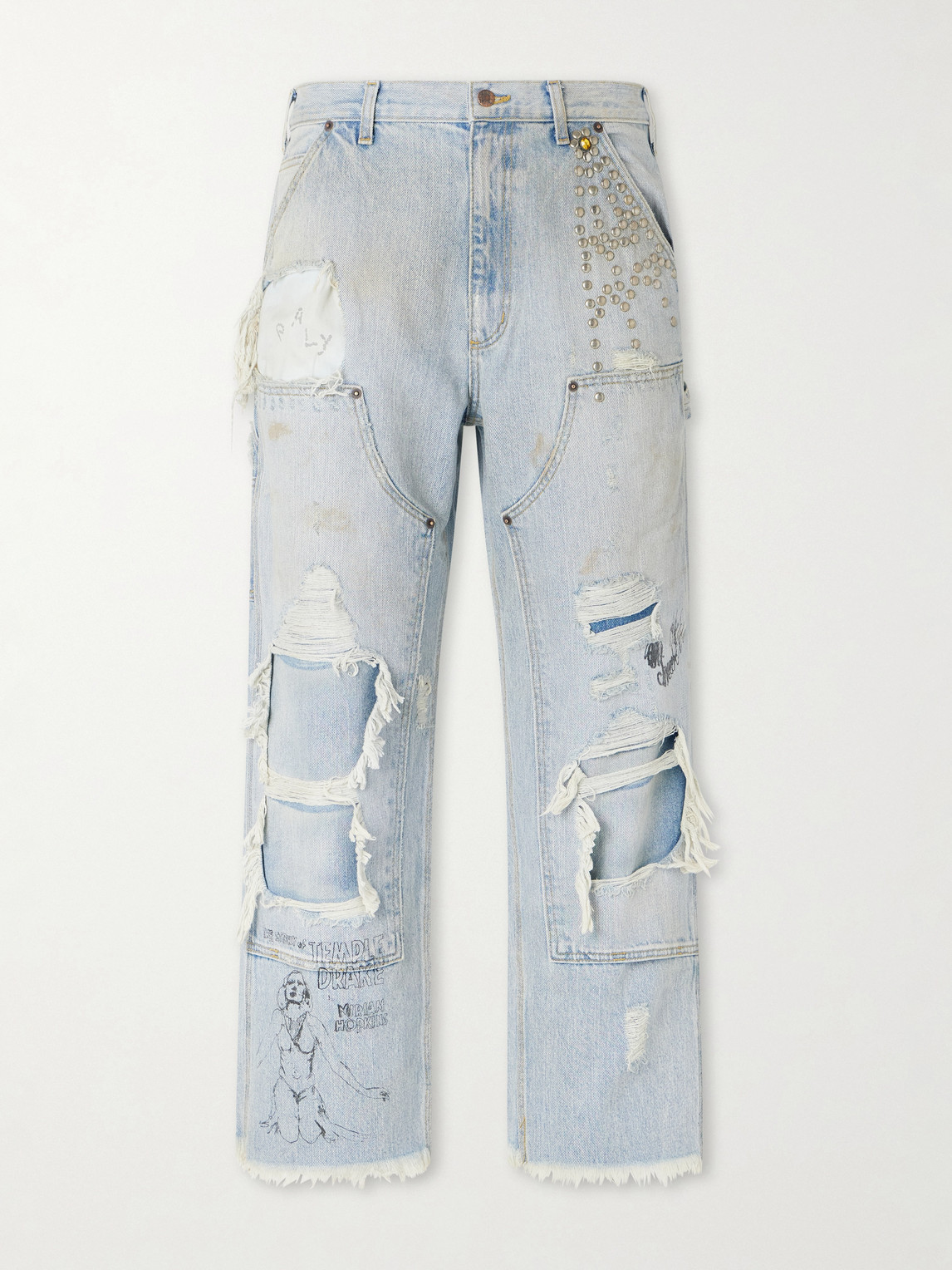 Paly Hollywood Straight-leg Distressed Studded Jeans In Blue