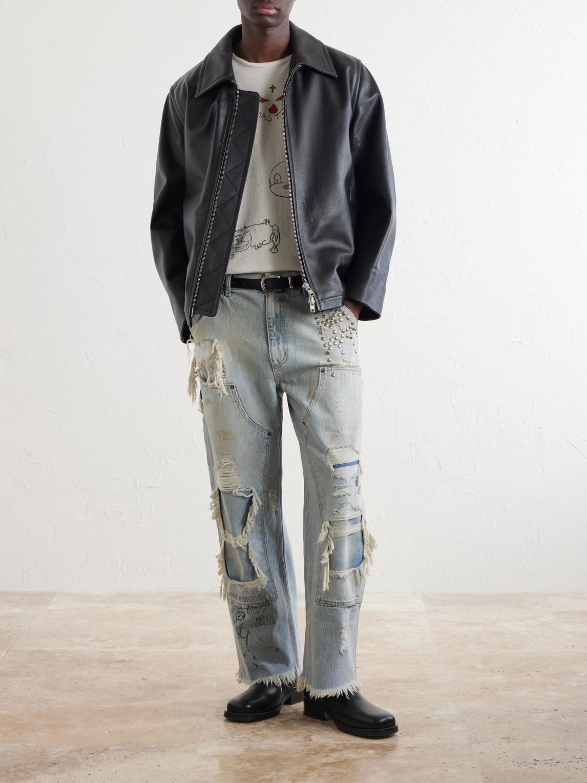 Straight-Leg Distressed Studded Jeans