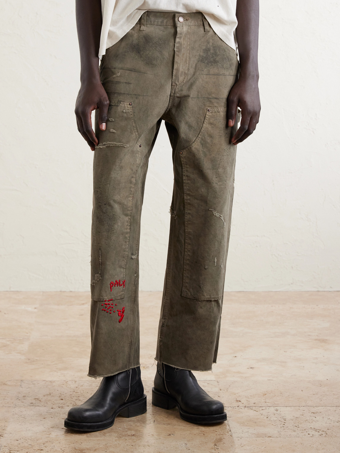  Paly Hollywood - Been Thru It Straight-leg Distressed Waxed Cotton-canvas Trousers - Men - Green - Uk/us 32 