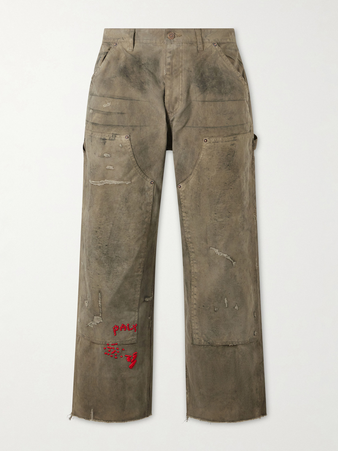 Paly Hollywood Been Thru It Straight-leg Distressed Waxed Cotton-canvas Trousers In Neutral