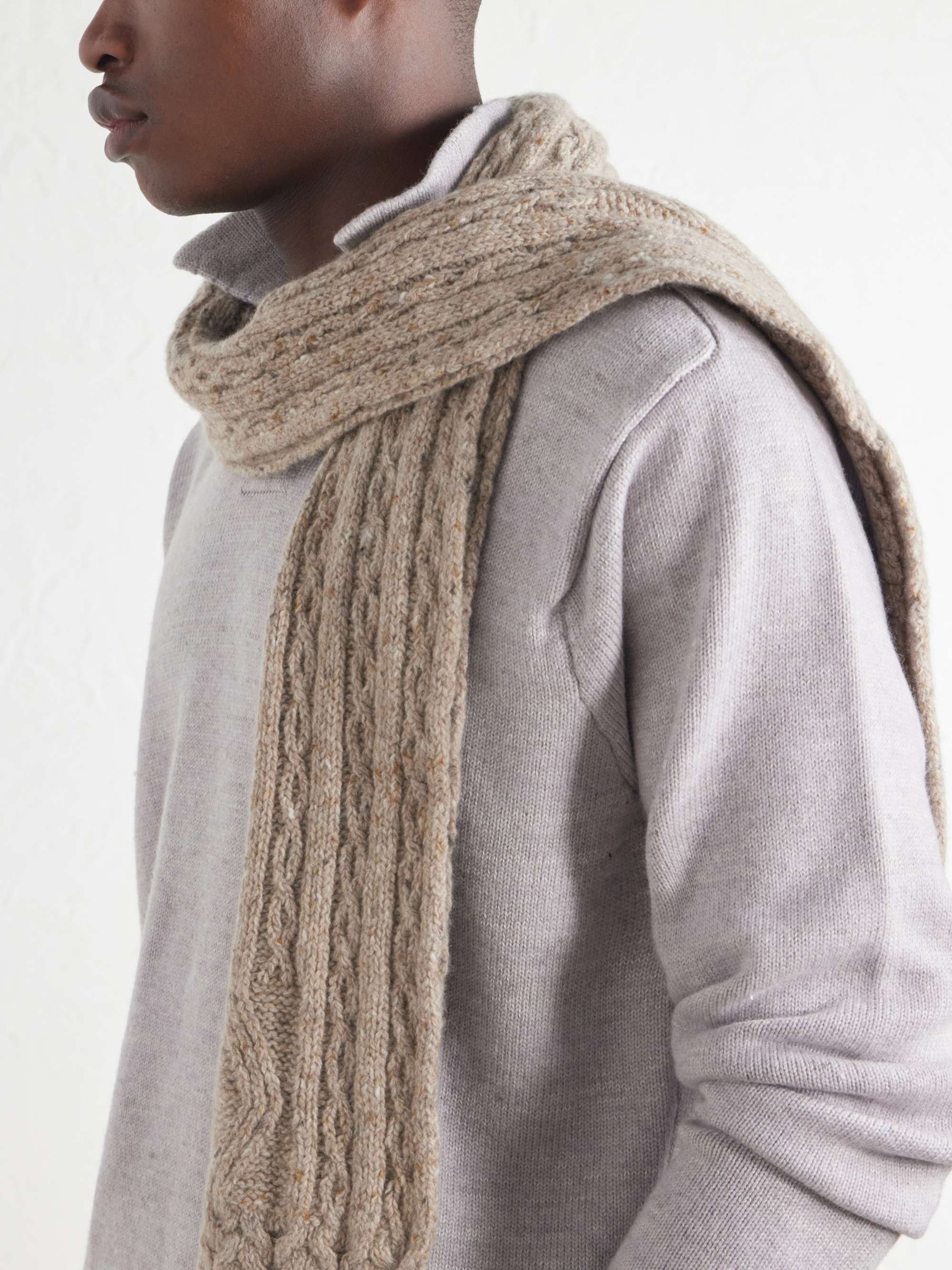 INIS MEÁIN Cable-Knit Donegal Merino Wool and Cashmere-Blend Scarf