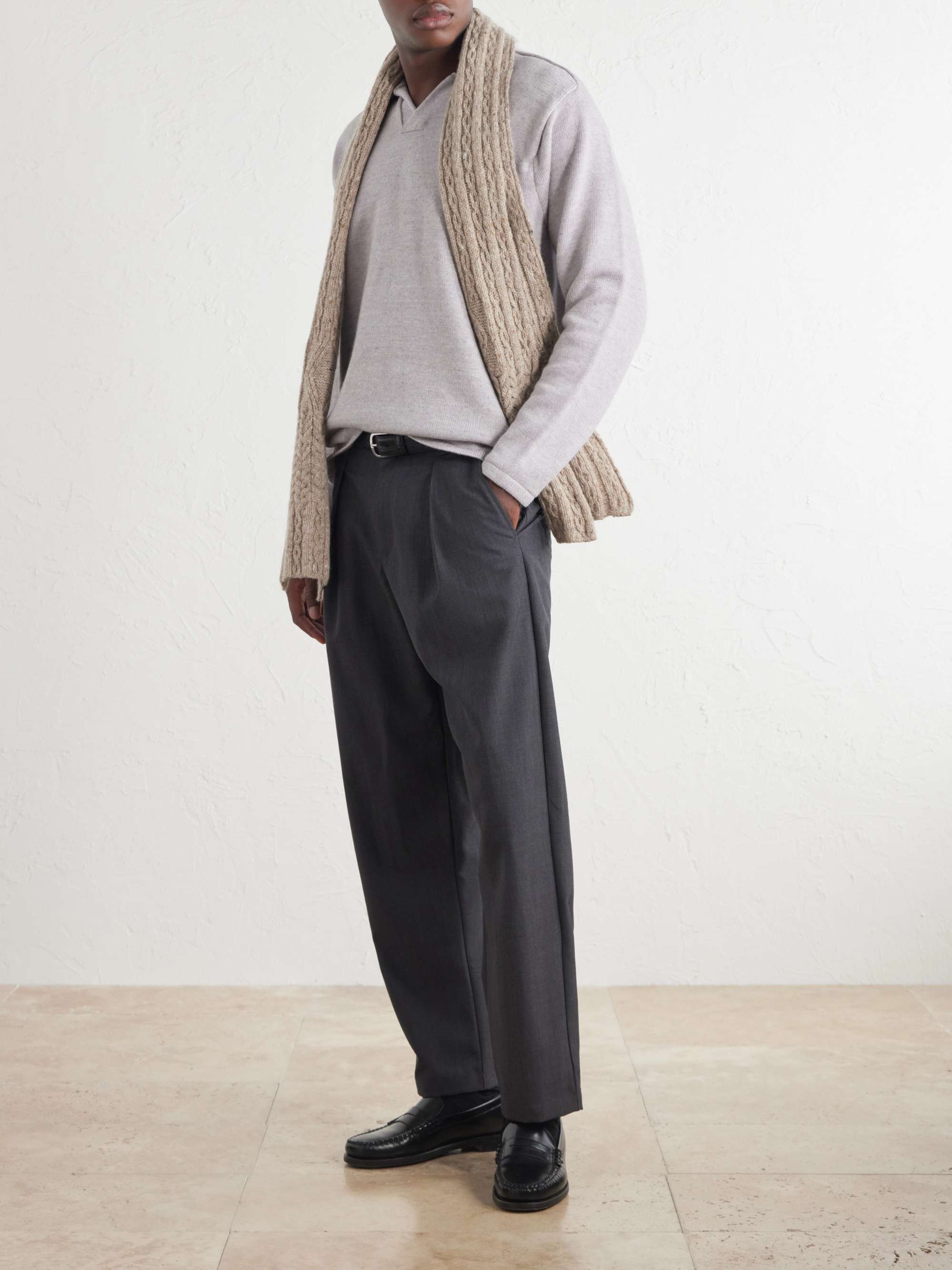 INIS MEÁIN Cable-Knit Donegal Merino Wool and Cashmere-Blend Scarf