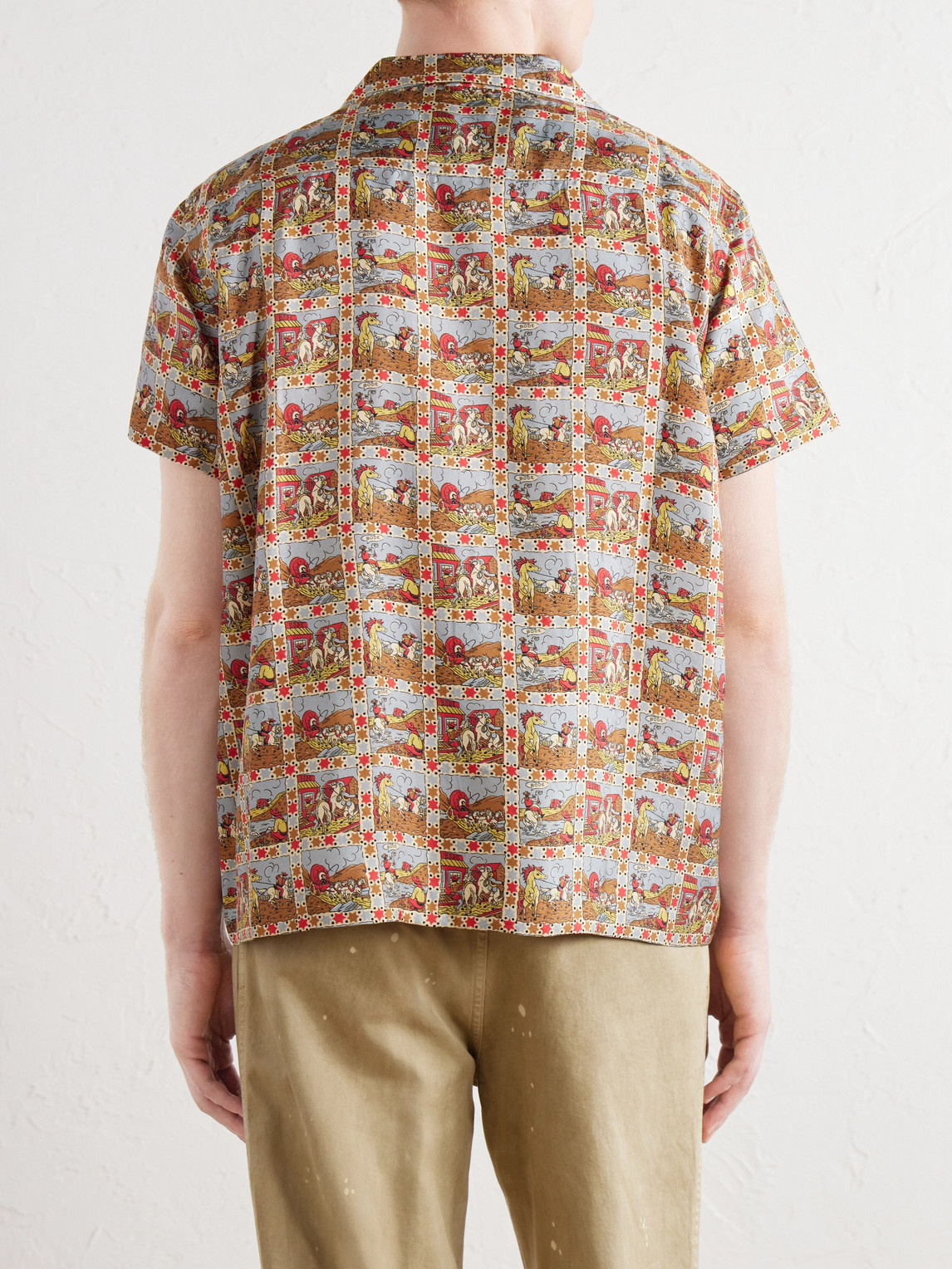 Cowboy Comic Camp-Collar Printed Silk-Satin Shirt