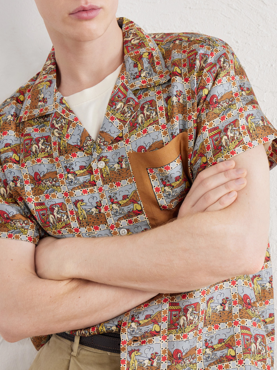 Cowboy Comic Camp-Collar Printed Silk-Satin Shirt