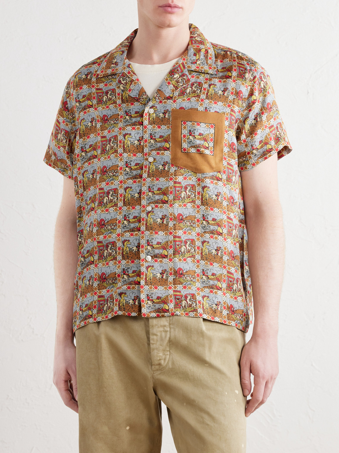Cowboy Comic Camp-Collar Printed Silk-Satin Shirt