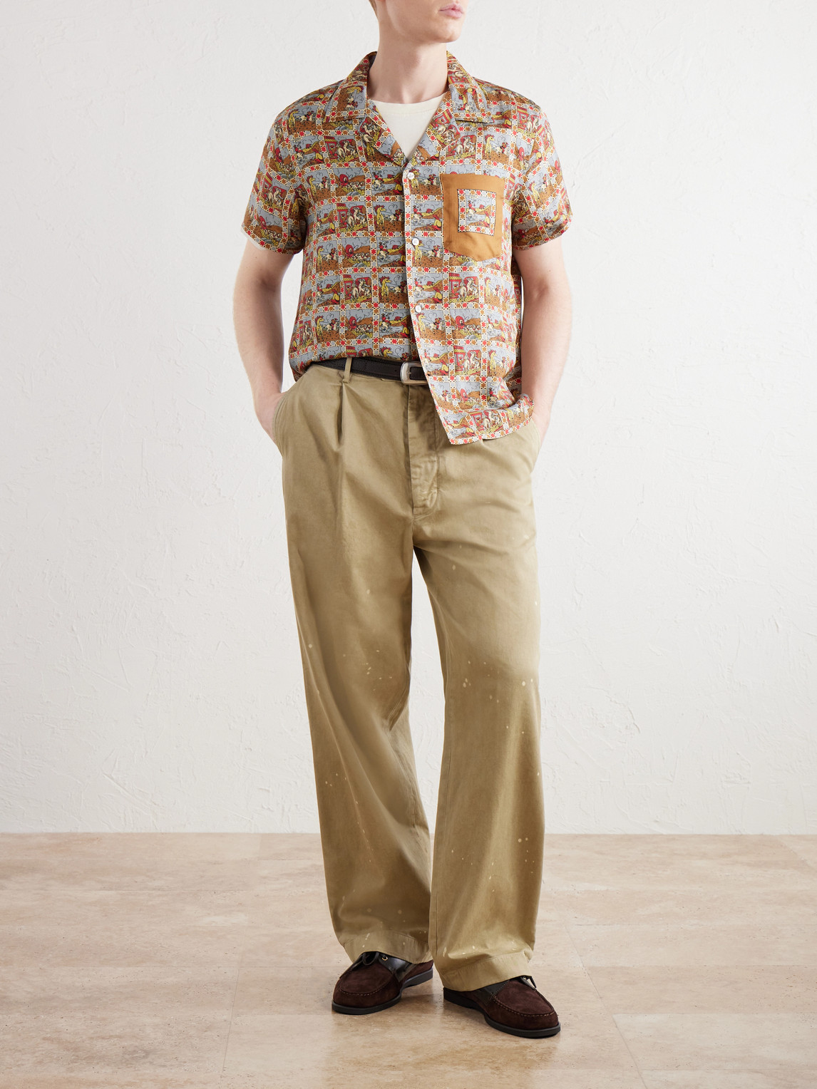 Cowboy Comic Camp-Collar Printed Silk-Satin Shirt