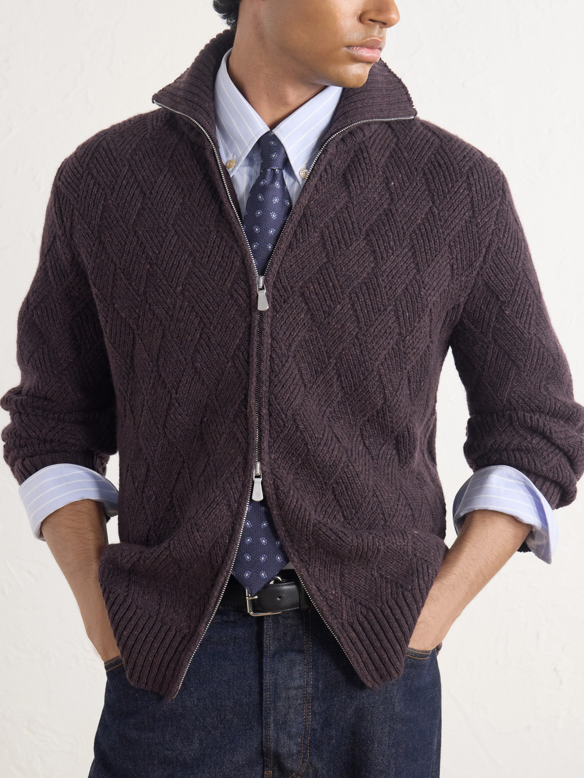 Cable-Knit Wool And Cashmere-Blend Zip-Up Sweater