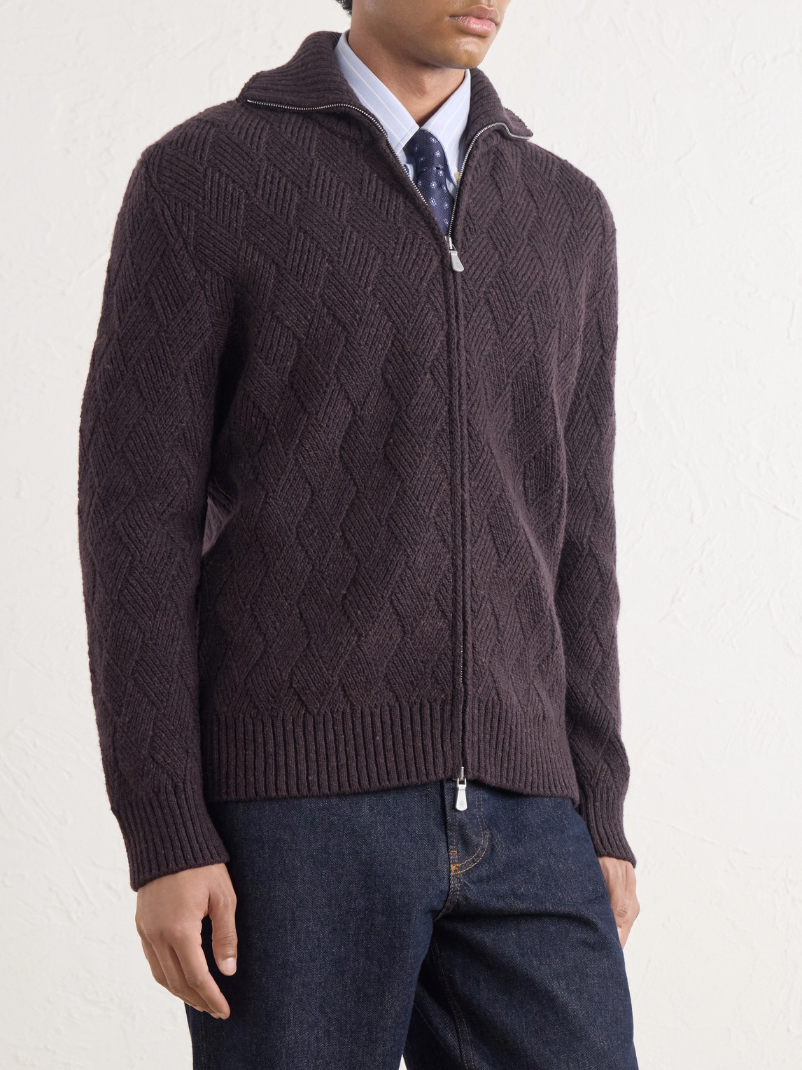 Cable-Knit Wool And Cashmere-Blend Zip-Up Sweater