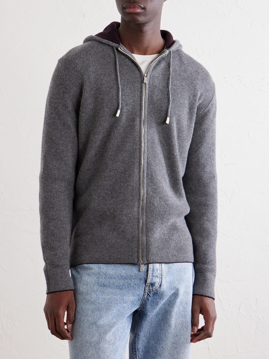 Ribbed Cashmere Zip-Up Hoodie