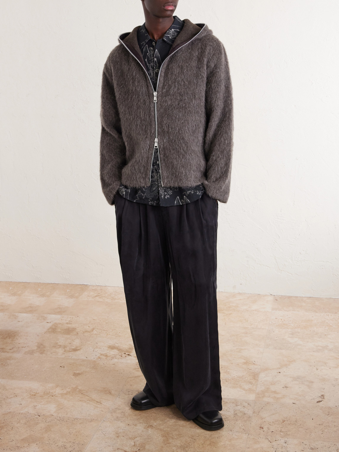 Brushed-Knit Zip-Up Hoodie