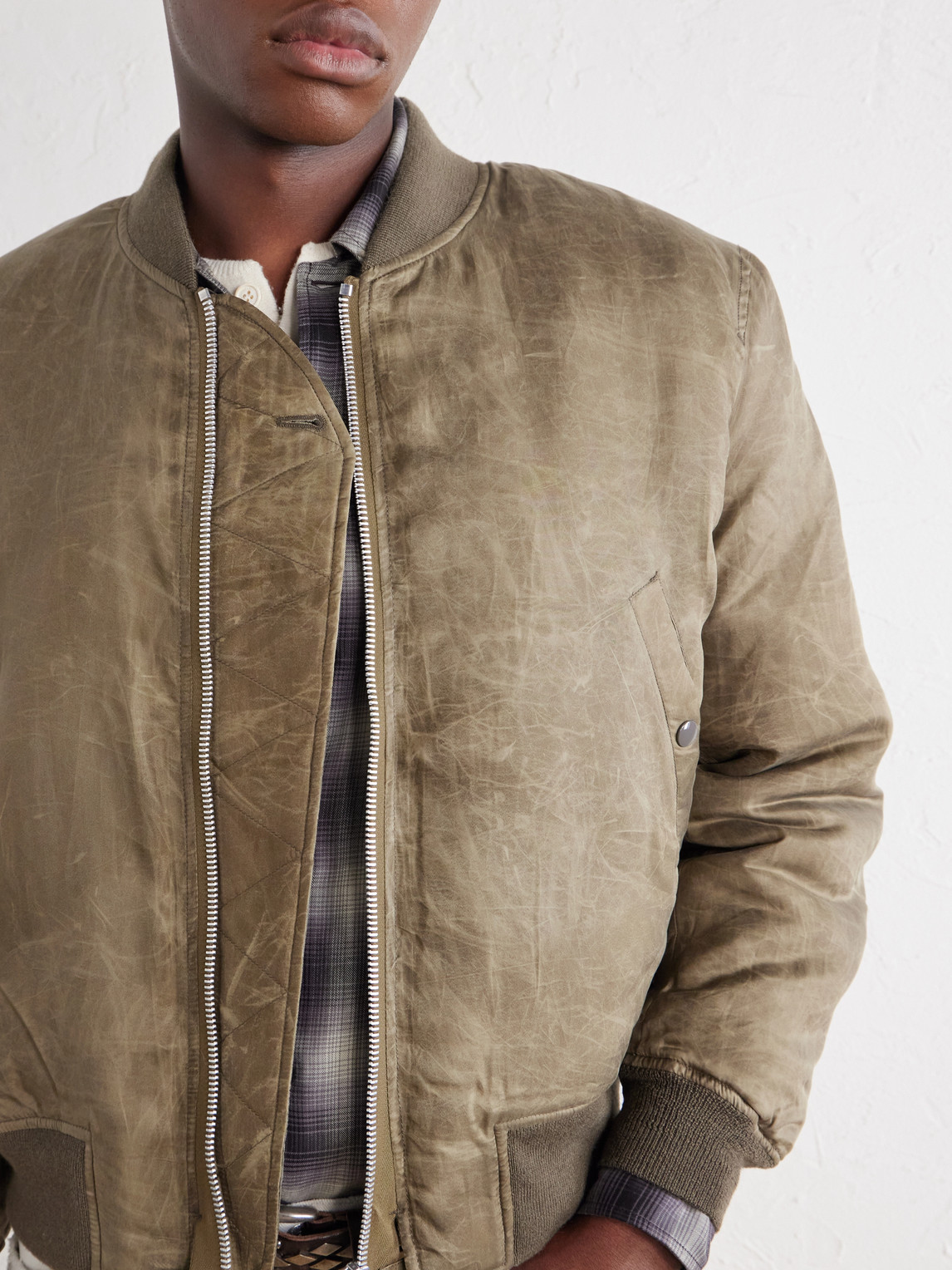 Distressed Waxed Shell Bomber Jacket