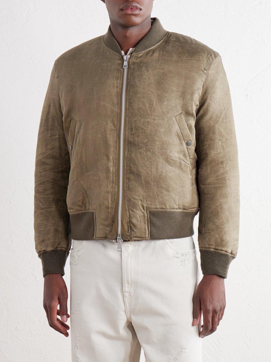 Distressed Waxed Shell Bomber Jacket
