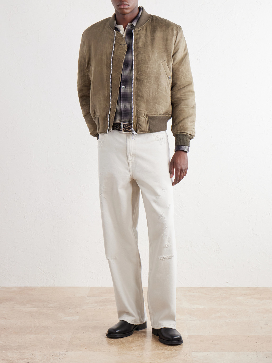 Distressed Waxed Shell Bomber Jacket