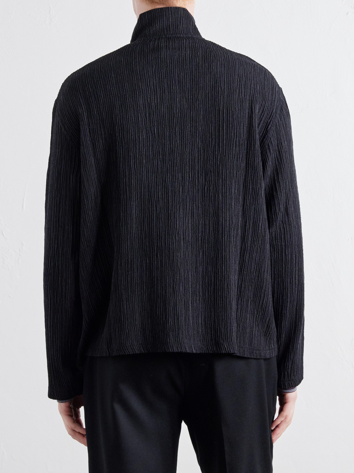 Shrunken Plissé-Jersey Zip-Up Cardigan