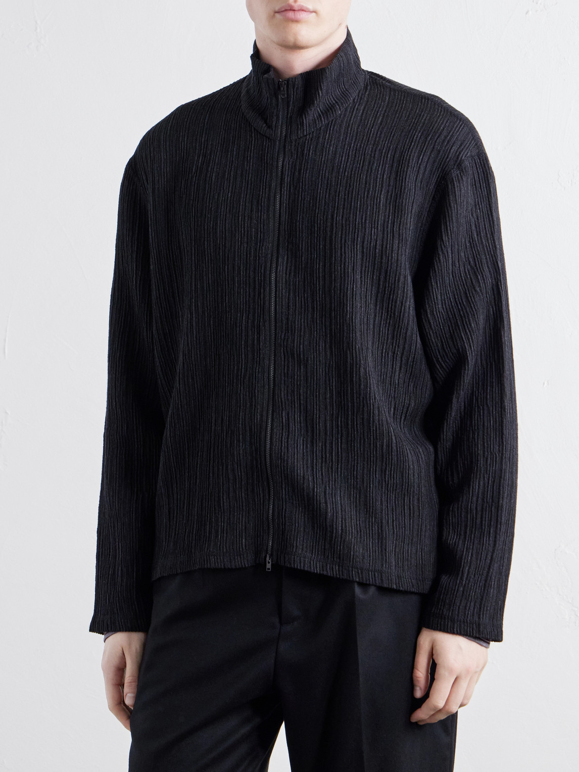 Shrunken Plissé-Jersey Zip-Up Cardigan