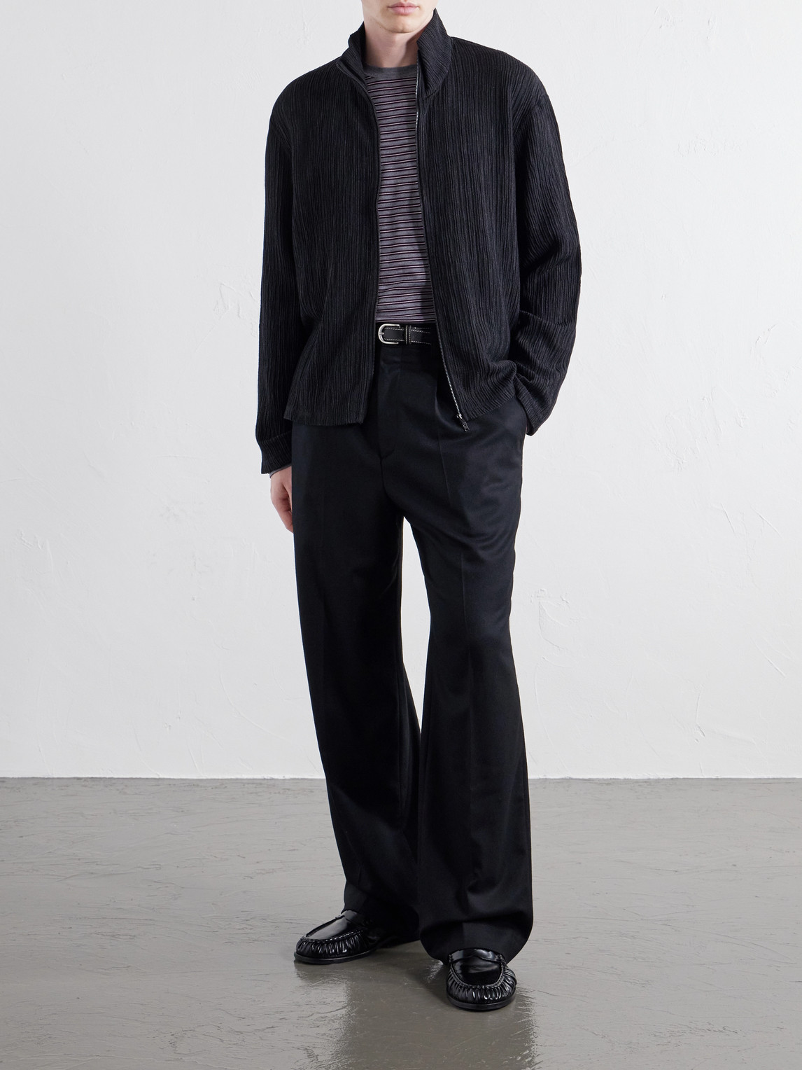 Shrunken Plissé-Jersey Zip-Up Cardigan